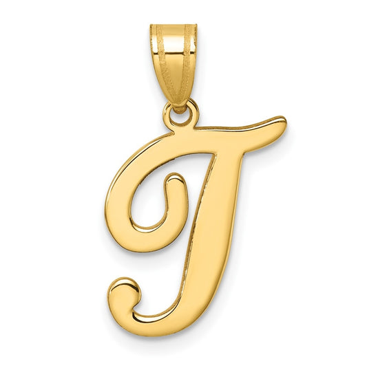 14K Yellow Gold Script Letter T Initial Pendant