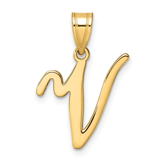 14K Yellow Gold Script Letter V Initial Pendant