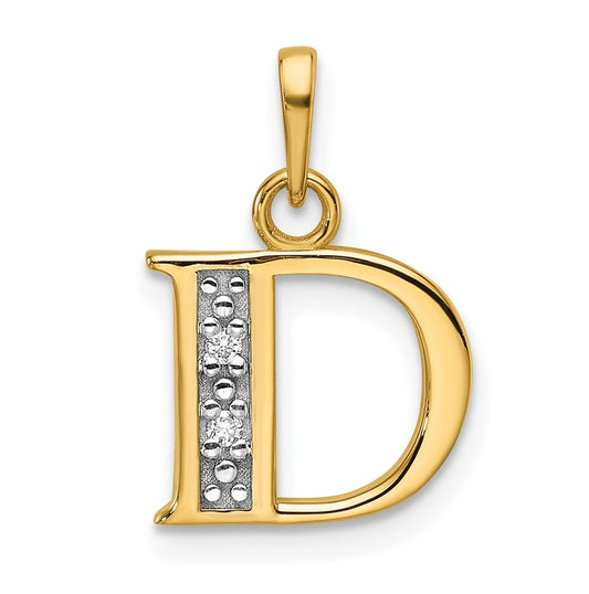 14k Yellow Gold and Rhodium Diamond Letter D Initial Pendant