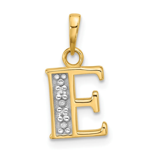 14k Yellow Gold and Rhodium Diamond Letter E Initial Pendant