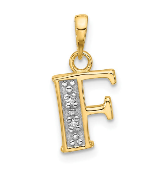 14k Yellow Gold and Rhodium Diamond Letter F Initial Pendant