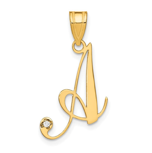 14K Yellow Gold Script Letter A Initial Pendant with Diamond