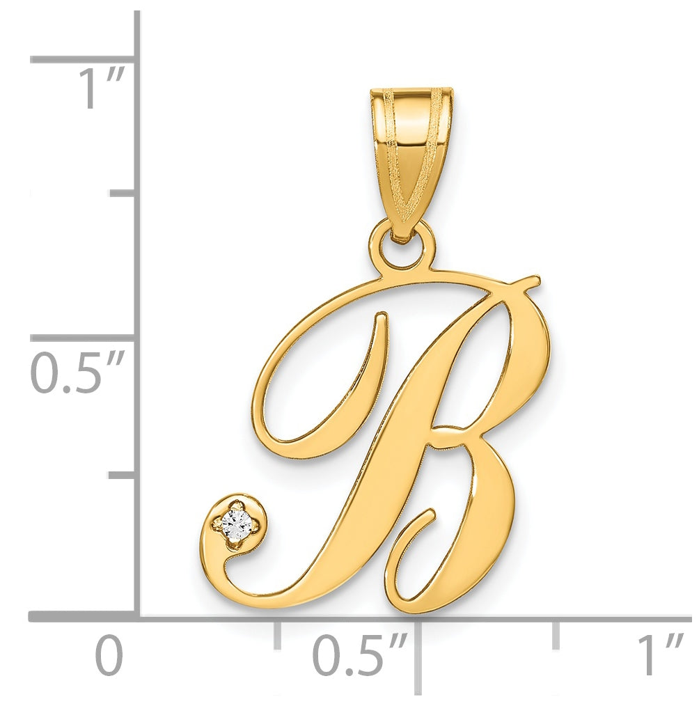 14K Yellow Gold Script Letter B  Initial Pendant with Diamond