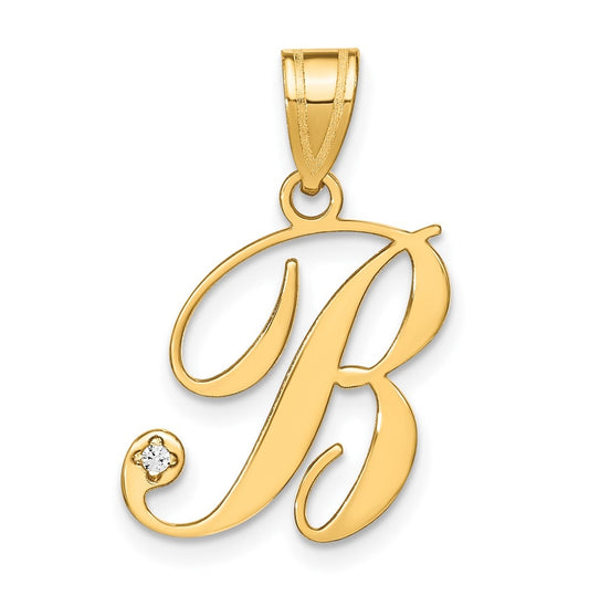 14K Yellow Gold Script Letter B  Initial Pendant with Diamond