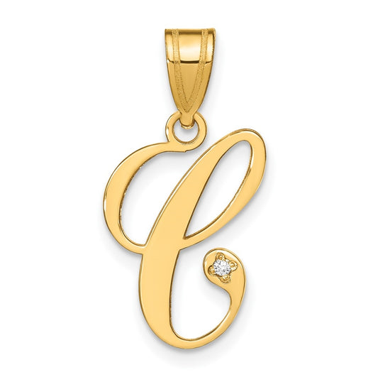 14K Yellow Gold Script Letter C Initial Pendant with Diamond
