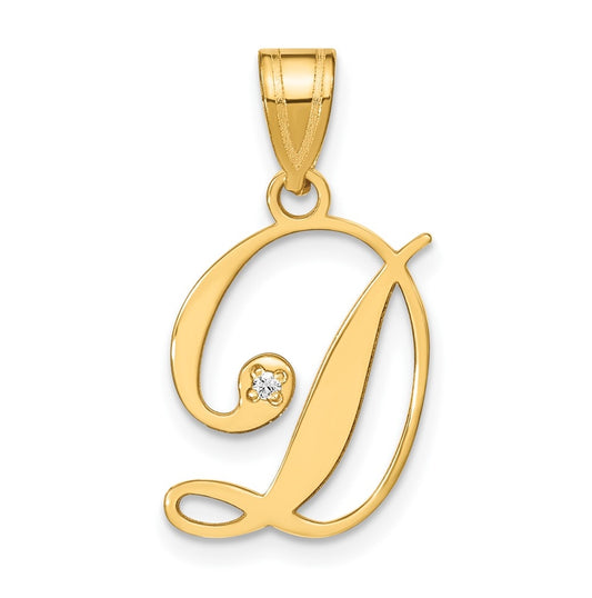 14K Yellow Gold Script Letter D Initial Pendant with Diamond