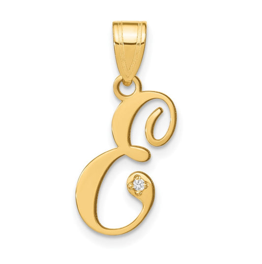 14K Yellow Gold Script Letter E Initial Pendant with Diamond