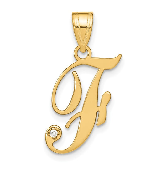 14K Yellow Gold Script Letter F Initial Pendant with Diamond