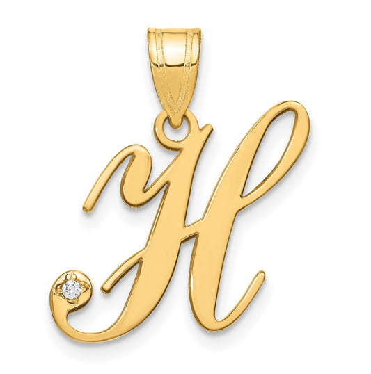 14K Yellow Gold Script Letter H Initial Pendant with Diamond