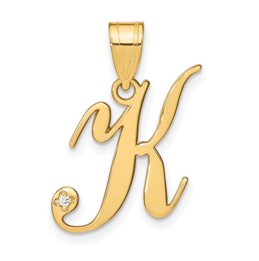 14K Yellow Gold Script Letter K Initial Pendant with Diamond