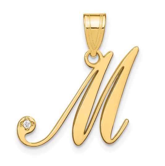 14K Yellow Gold Script Letter M Initial Pendant with Diamond