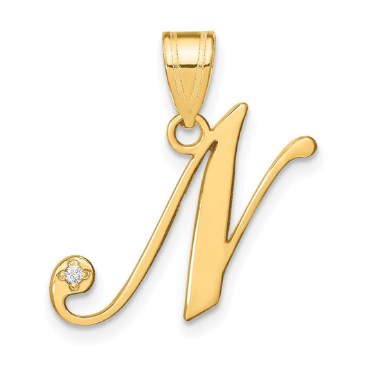 14K Yellow Gold Script Letter N Initial Pendant with Diamond