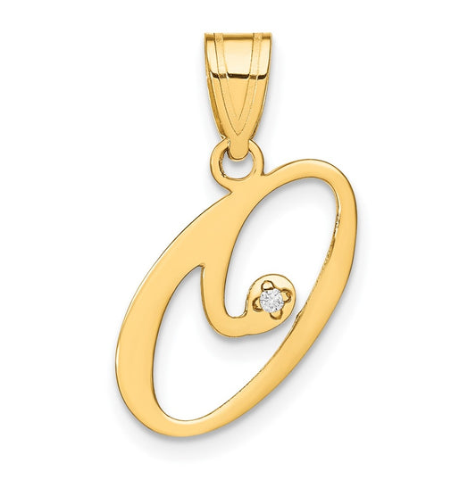 14K Yellow Gold Script Letter O Initial Pendant with Diamond