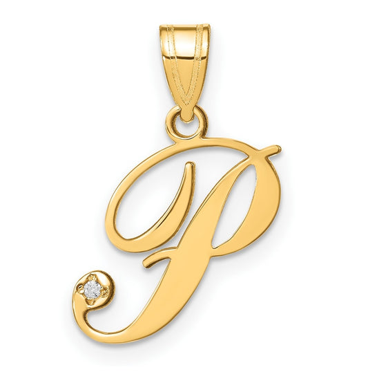 14K Yellow Gold Script Letter P Initial Pendant with Diamond