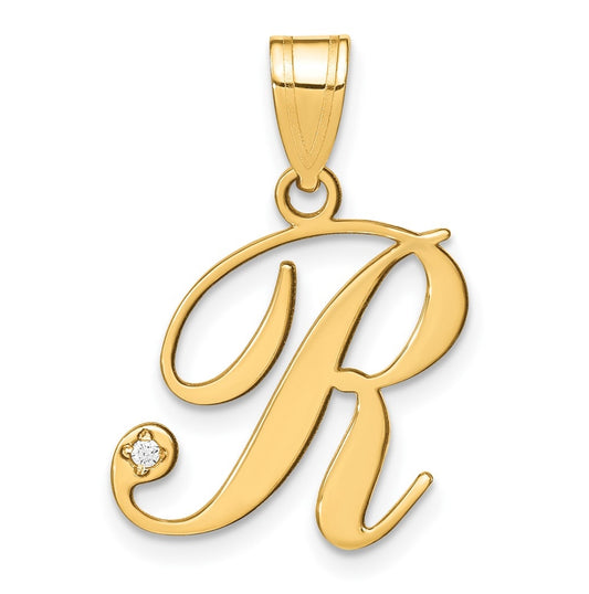 14K Yellow Gold Script Letter R Initial Pendant with Diamond