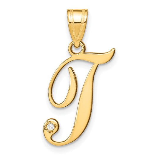 14K Yellow Gold Script Letter T Initial Pendant with Diamond