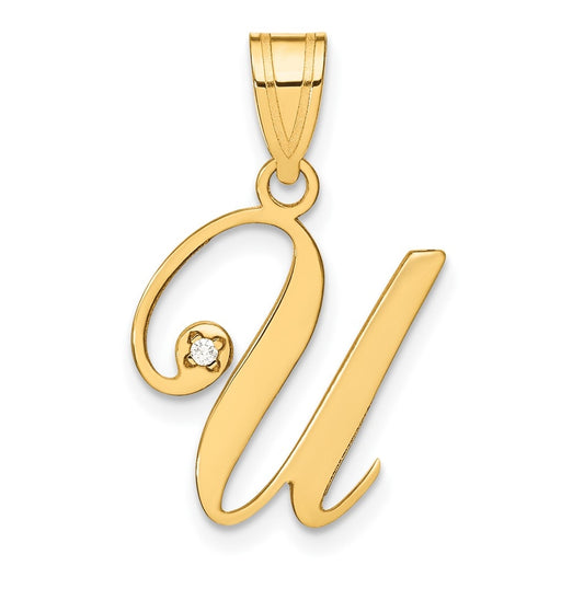14K Yellow Gold Script Letter U Initial Pendant with Diamond