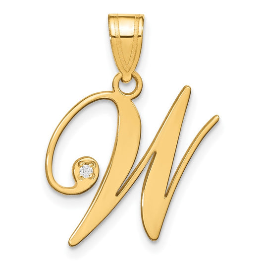 14K Yellow Gold Script Letter W Initial Pendant with Diamond