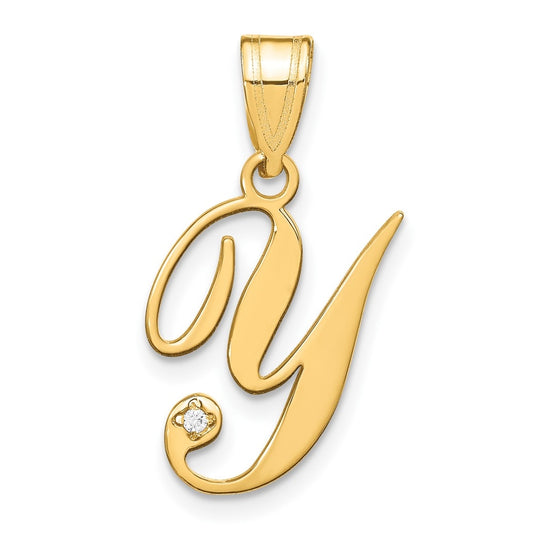 14K Yellow Gold Script Letter Y Initial Pendant with Diamond