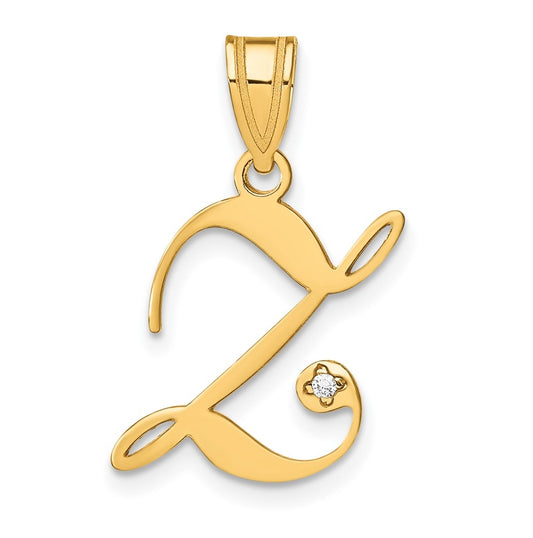 14K Yellow Gold Script Letter Z Initial Pendant with Diamond