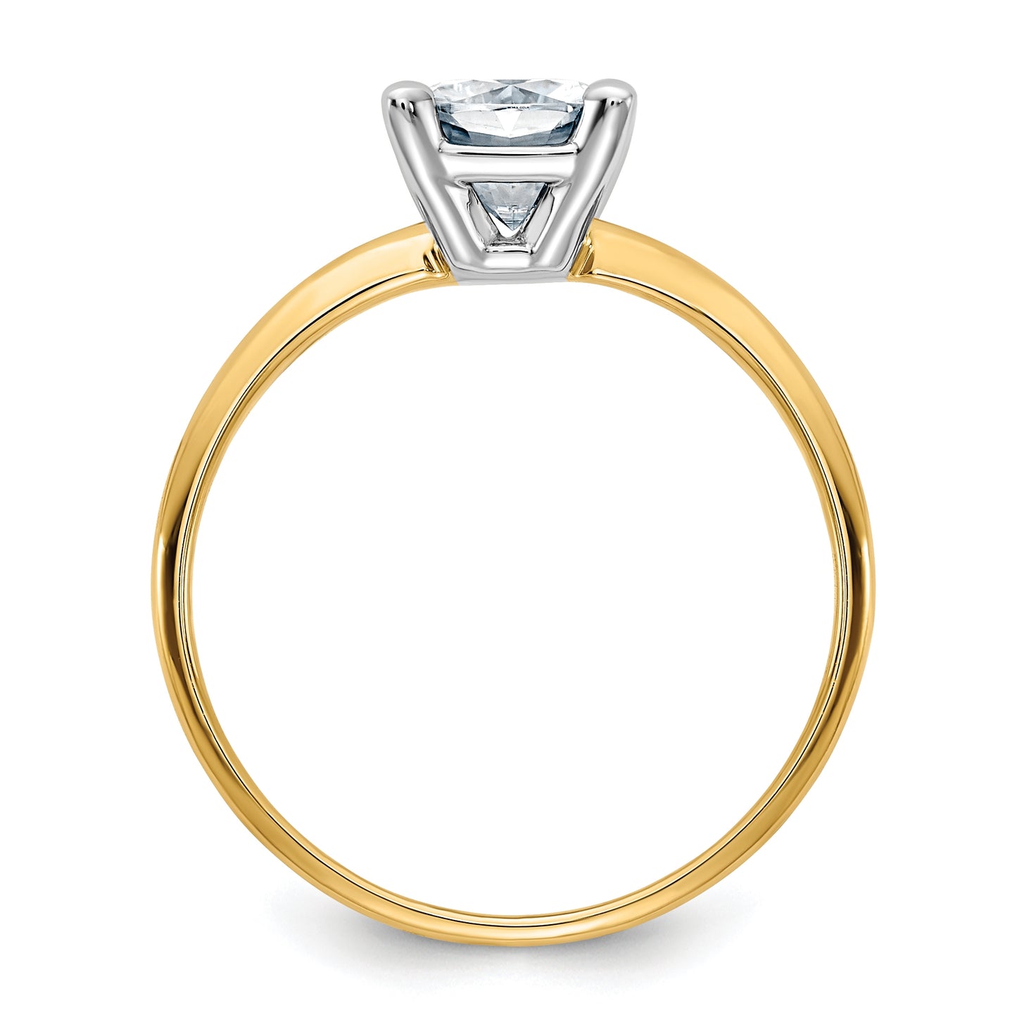 14K Yellow Gold 1ct. D E F Pure Light Cushion Moissanite Solitaire Ring, Size 9