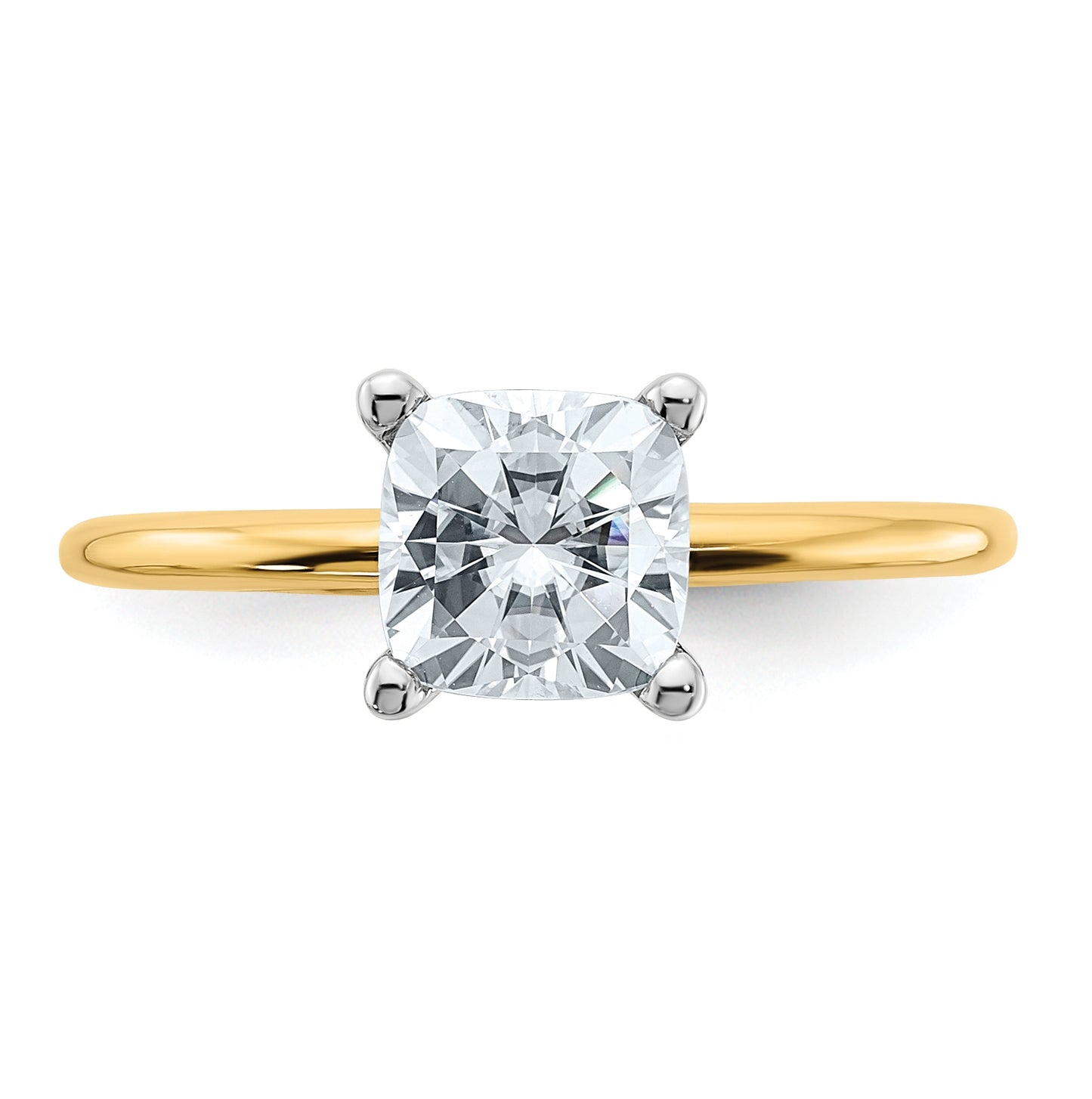 14K Yellow Gold 1ct. D E F Pure Light Cushion Moissanite Solitaire Ring, Size 7