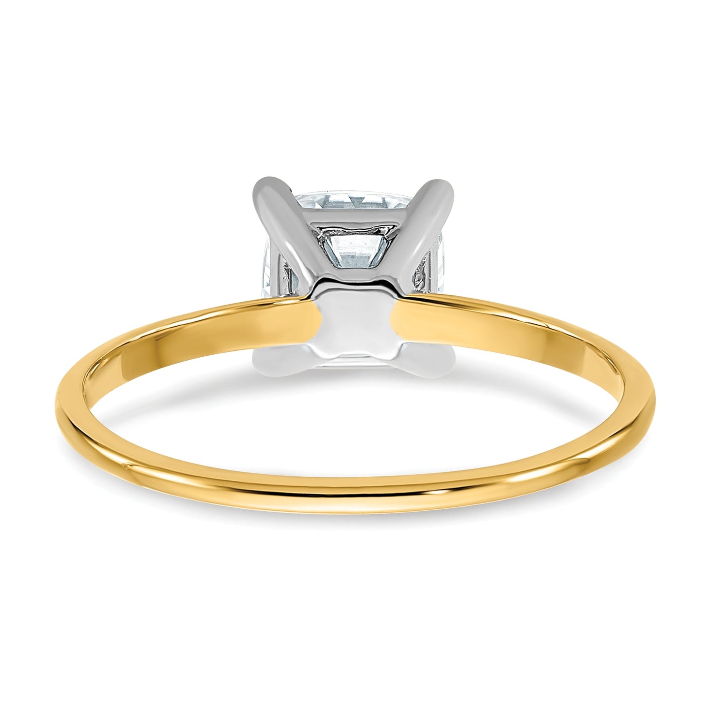 14K Yellow Gold 1ct. D E F Pure Light Cushion Moissanite Solitaire Ring, Size 8