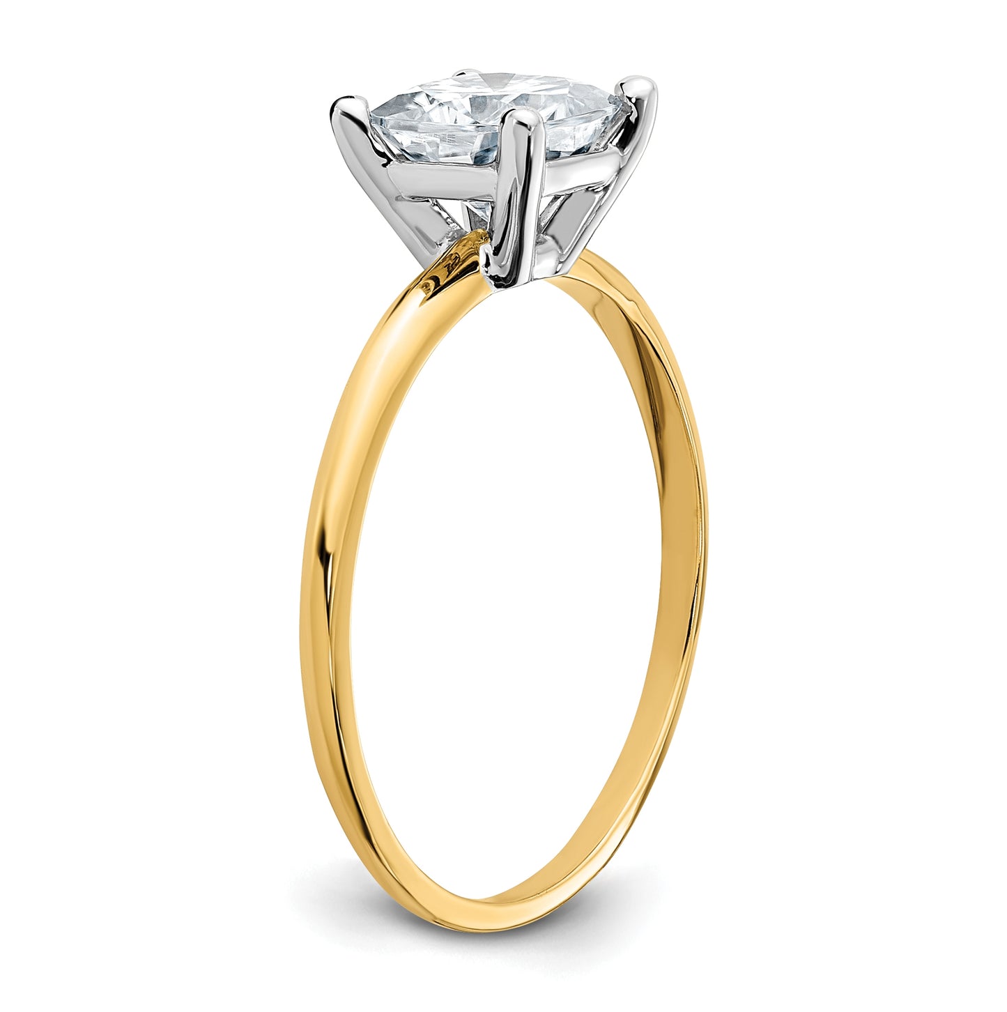 14K Yellow Gold 1ct. D E F Pure Light Cushion Moissanite Solitaire Ring, Size 6