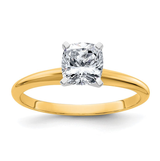 14K Yellow Gold 1ct. D E F Pure Light Cushion Moissanite Solitaire Ring, Size 6