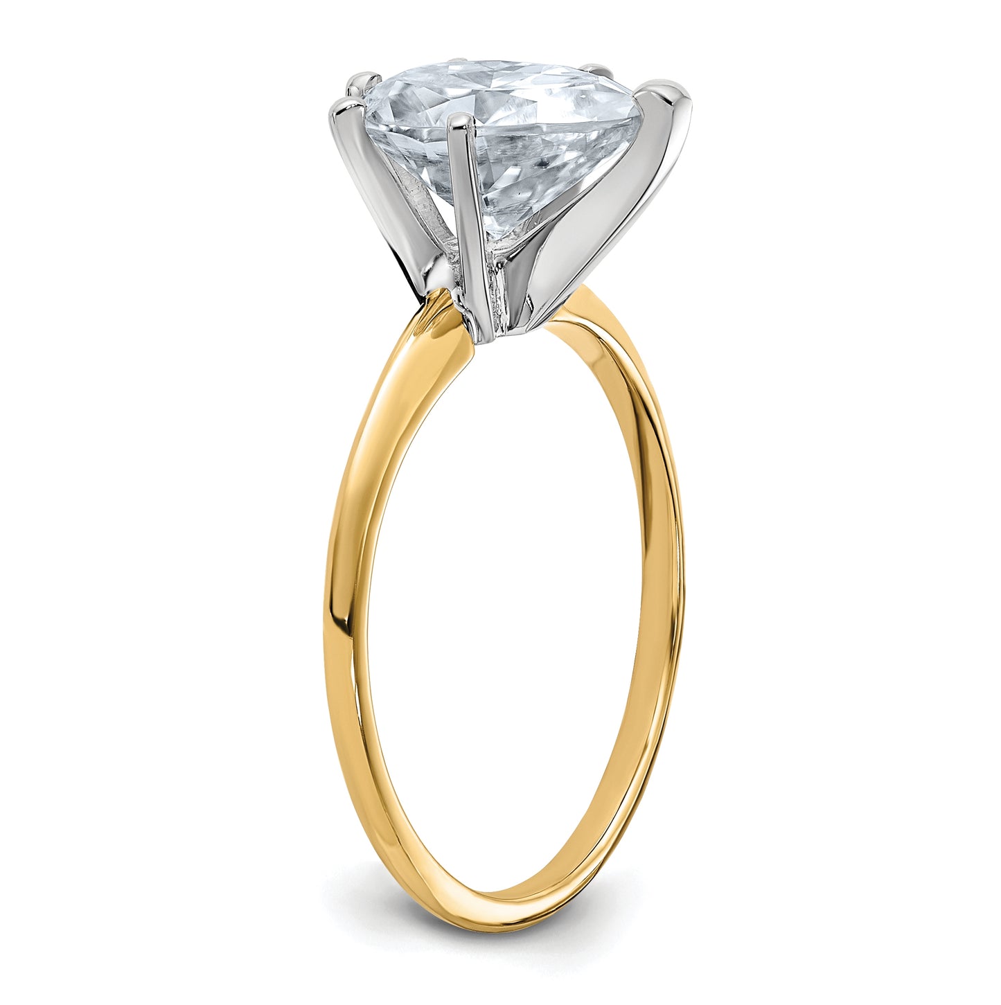14K Yellow Gold 2ct. D E F Pure Light Pear Moissanite Solitaire Ring, Size 8