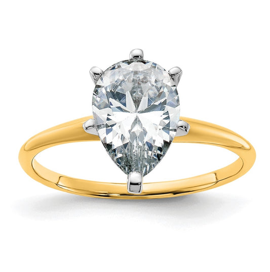 14K Yellow Gold 2ct. D E F Pure Light Pear Moissanite Solitaire Ring, Size 9