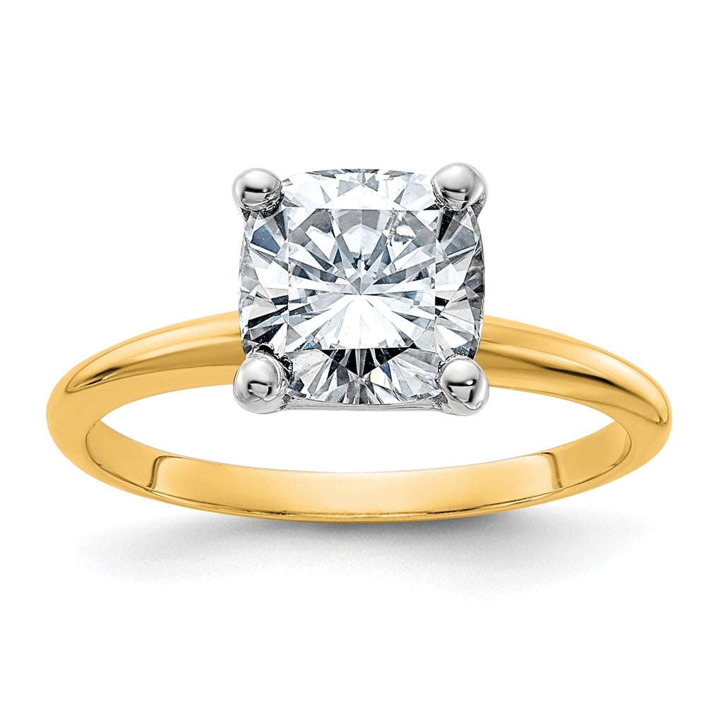 14K Yellow Gold 2ct. D E F Pure Light Cushion Moissanite Solitaire Ring, Size 6