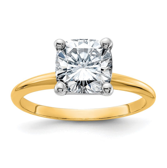 14K Yellow Gold 2ct. D E F Pure Light Cushion Moissanite Solitaire Ring, Size 6