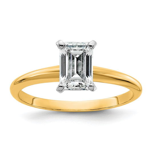 14K Yellow Gold 1ct. D E F Pure Light Emerald Moissanite Solitaire Ring, Size 9
