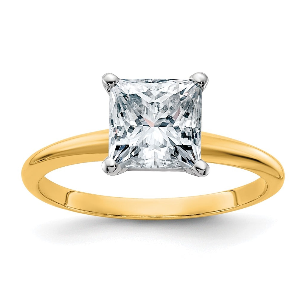 14K Yellow Gold 2ct. D E F Pure Light Princess Moissanite Solitaire Ring, Size 7