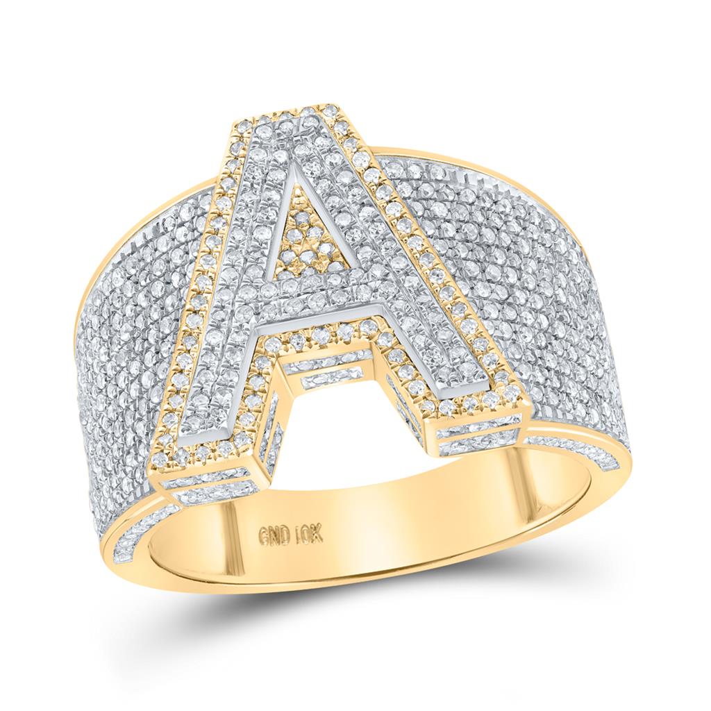 10K Two-tone Gold Mens Round Diamond Initial Letter Ring, Mens Size: 7-13