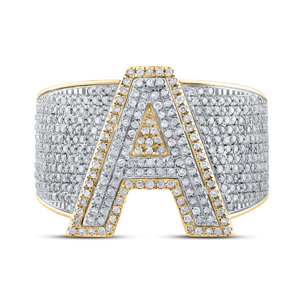 10K Two-tone Gold Mens Round Diamond Initial Letter Ring, Mens Size: 7-13