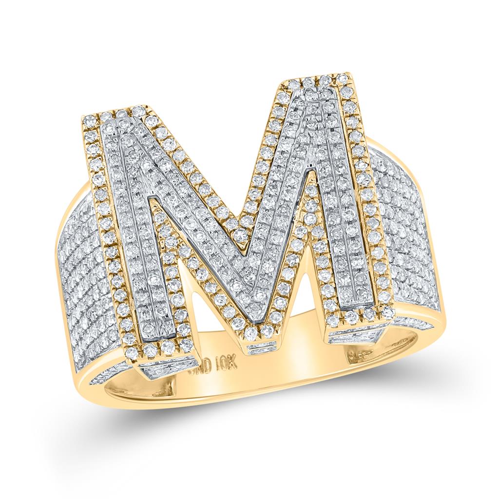 10K Two-tone Gold Mens Round Diamond Initial Letter Ring, Mens Size: 7-13