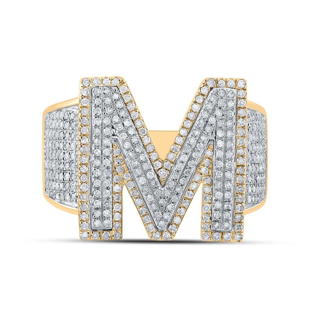 10K Two-tone Gold Mens Round Diamond Initial Letter Ring, Mens Size: 7-13
