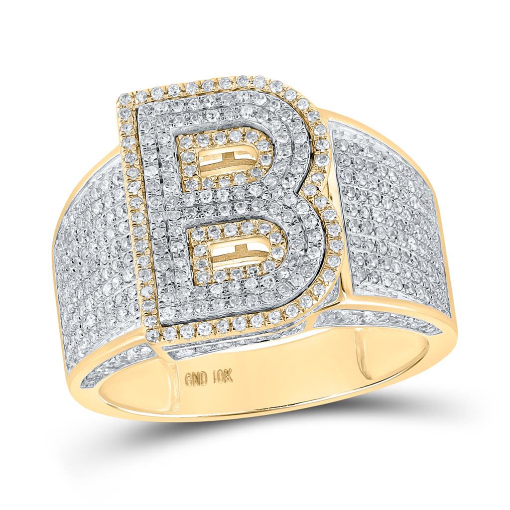 10K Two-tone Gold Mens Round Diamond Initial Letter Ring, Mens Size: 7-13