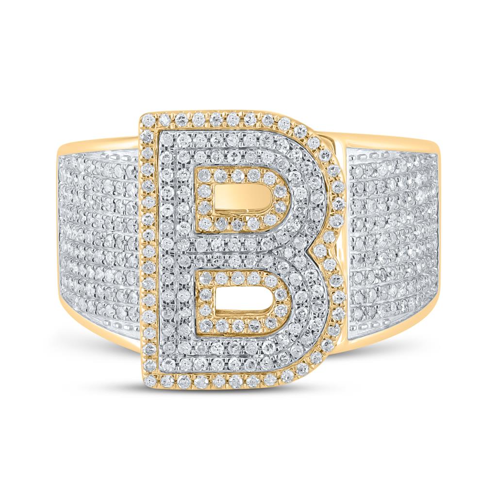10K Two-tone Gold Mens Round Diamond Initial Letter Ring, Mens Size: 7-13