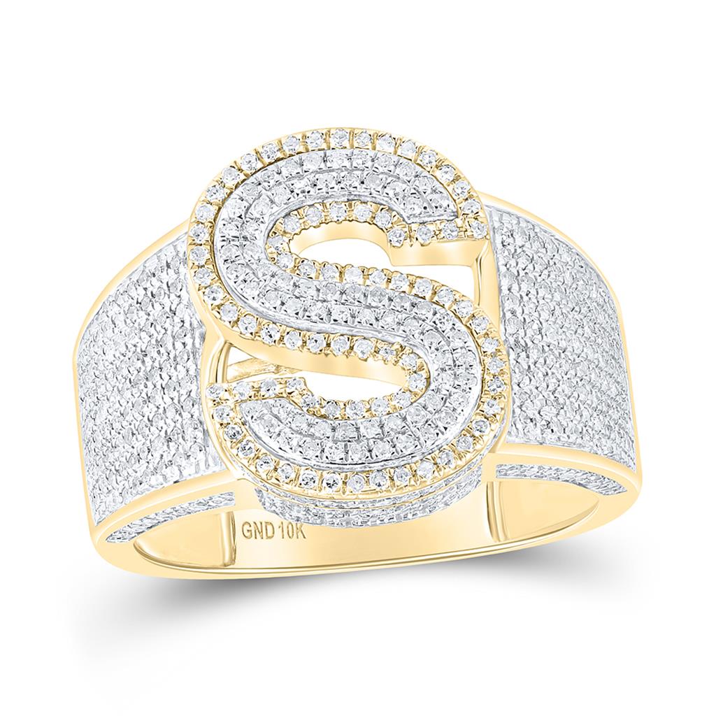 10K Two-tone Gold Mens Round Diamond Initial Letter Ring, Mens Size: 7-13