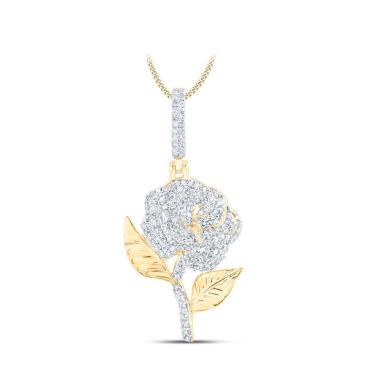 10K Yellow Gold  5/8 Cttw Round Diamond Rose Flower Charm Pendant