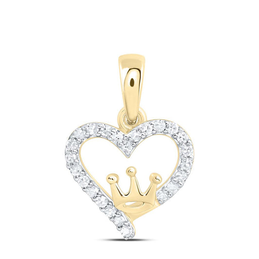 10K Yellow Gold 1/8 Cttw Natural Diamond Gift Crown Heart Pendant