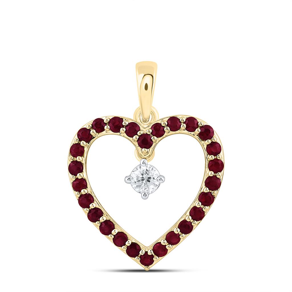 10K Yellow Gold 1/10 Cttw Natural Diamond Cn 3/8 Cttw Round Ruby Natural Gem Heart Pendant