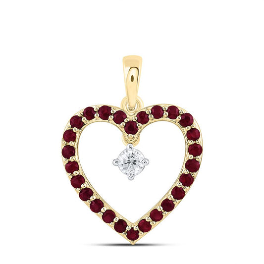 10K Yellow Gold 1/10 Cttw Natural Diamond Cn 3/8 Cttw Round Ruby Natural Gem Heart Pendant