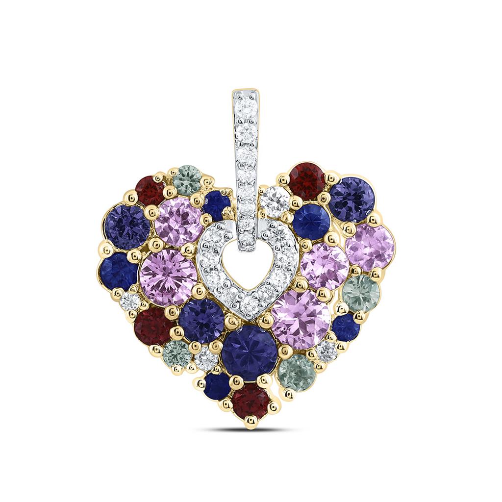 14K Yellow Gold 1/10 Cttw Natural Diamond Ana M 1 Cttw Round Natural Gem Multi Color Sapphire Heart Pendant
