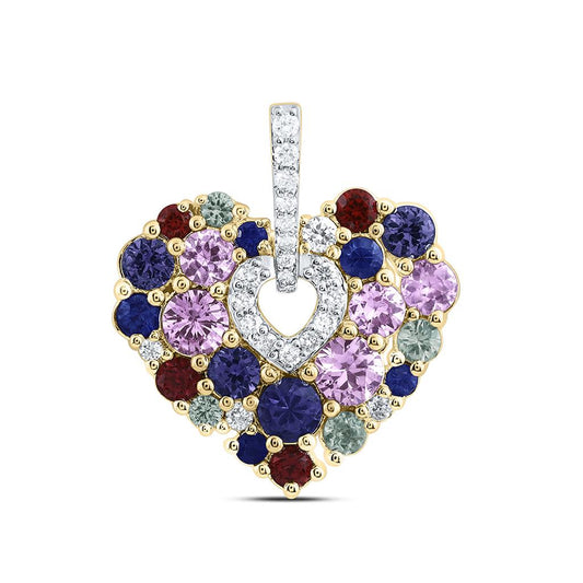 14K Yellow Gold 1/10 Cttw Natural Diamond Ana M 1 Cttw Round Natural Gem Multi Color Sapphire Heart Pendant