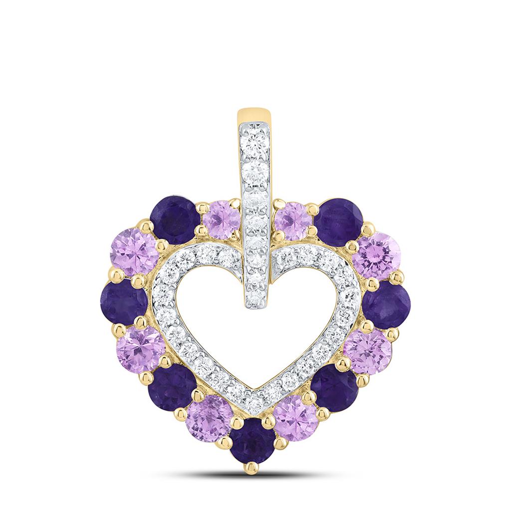 14K Yellow Gold 1/6 Cttw Natural Diamond Ana M 5/8 Cttw Round Pink Sapphire, 3/8 Cttw Round Amethyst Natural Gem Heart Pendant