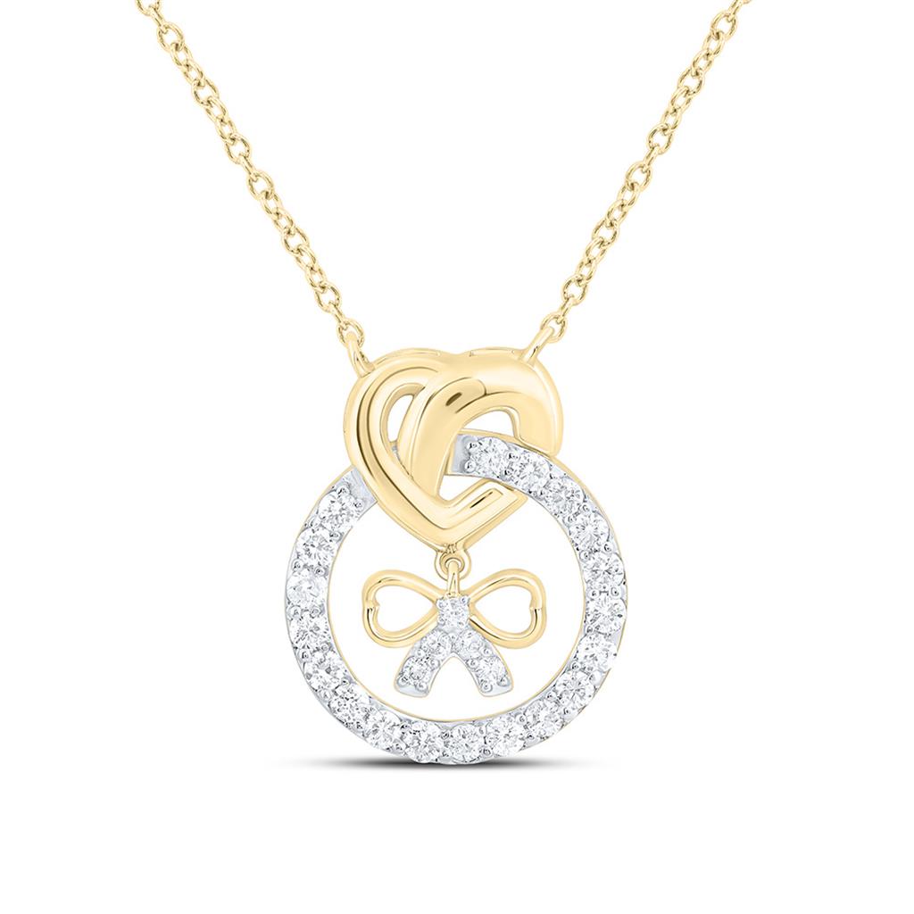 10K Yellow Gold 1/3 Cttw Natural Diamond Fashion Heart Bow Necklace (18 Inch)